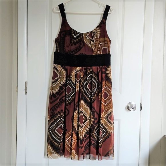 Sleeveless Patterned Dress R & M Richards Cool Size 14 Black Band & Straps T11 - Picture 1 of 7
